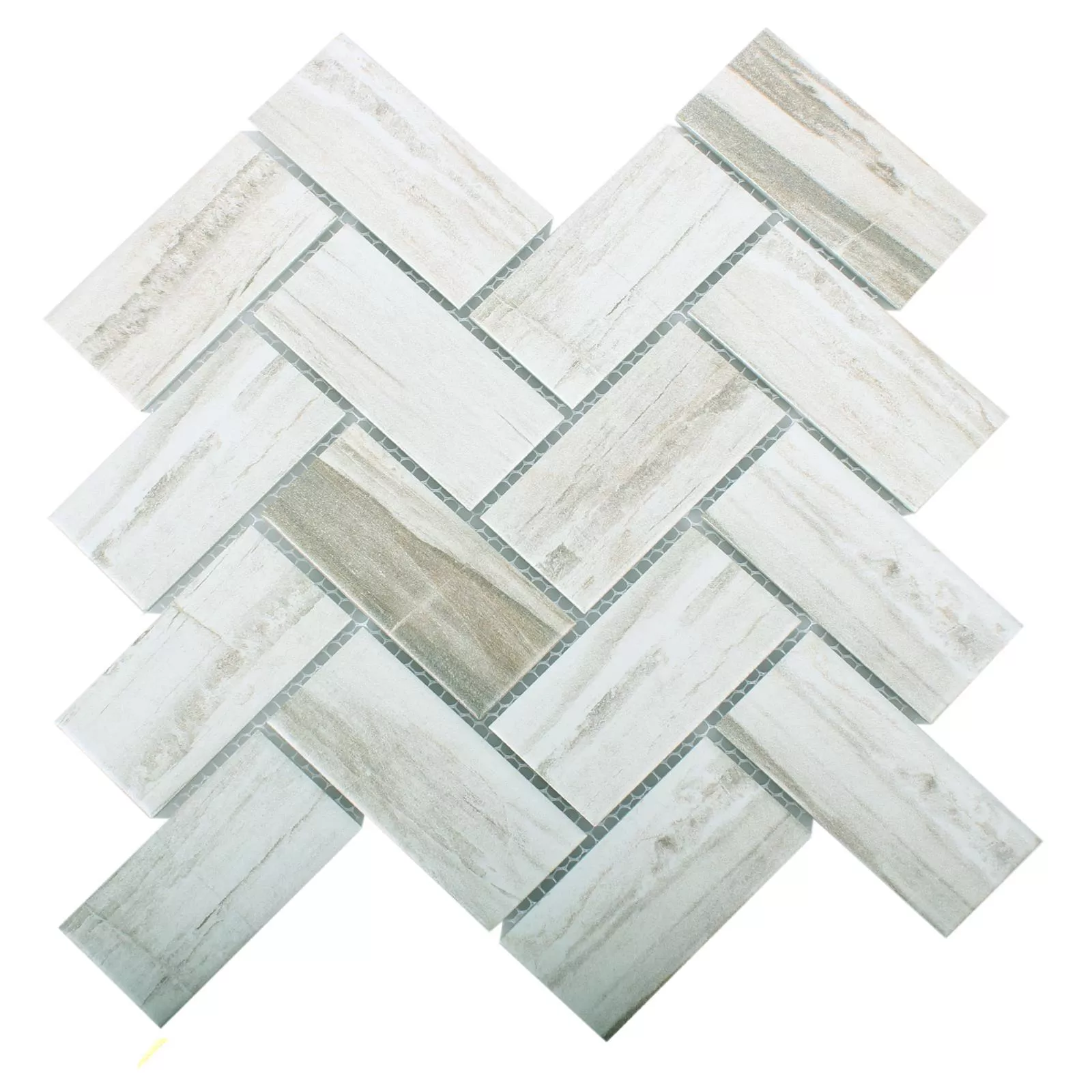 Sample Ceramic Wood Optic Mosaic Tiles Norfolk Fish Bone White