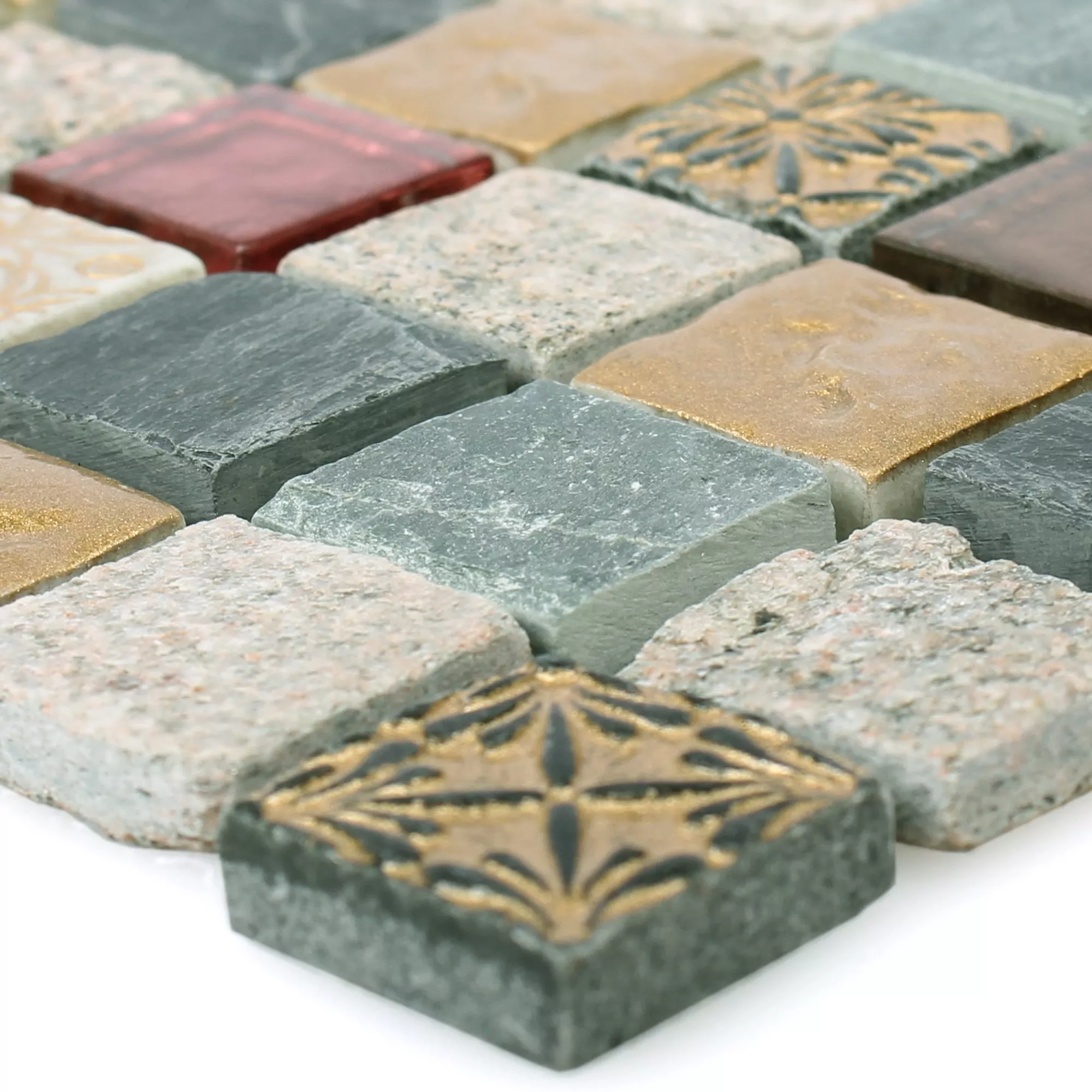 Sample Mosaic Tiles Glass Natural Stone Mix Sulluna Gold Grey
