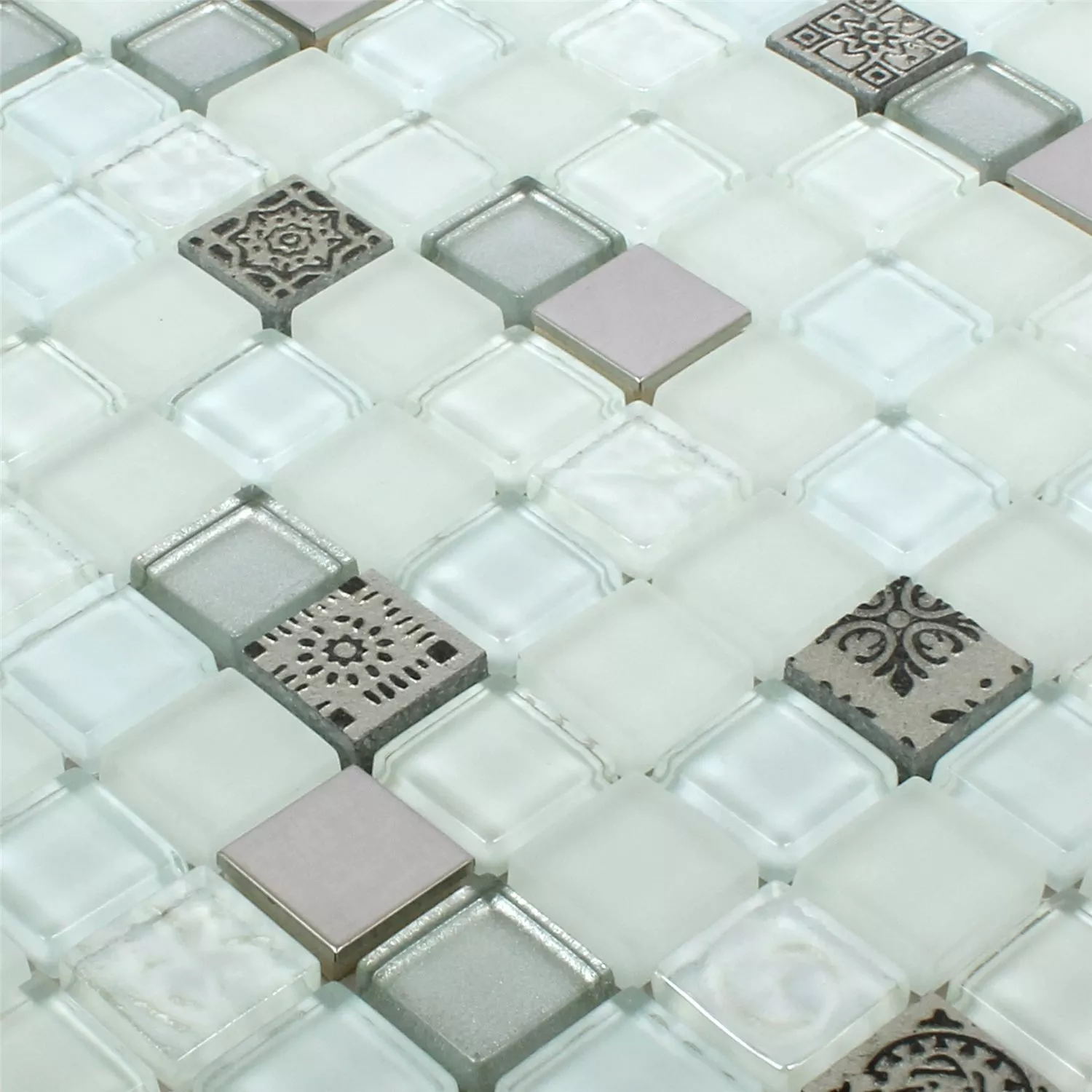 Mosaic Tiles Glass Resin Stainless Steel Mix Gramos White