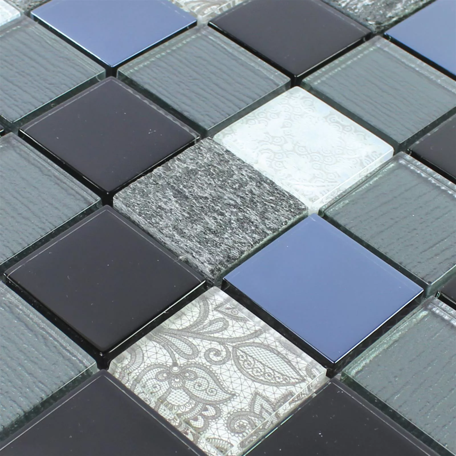 Sample Glass Natural Stone Mosaic Triopetra Black Grey White
