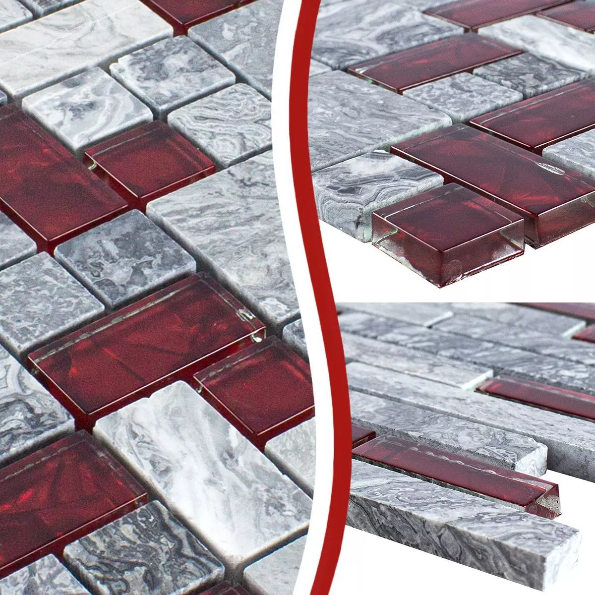 Sample Glass Natural Stone Mosaic Tiles Sinop Grey Red