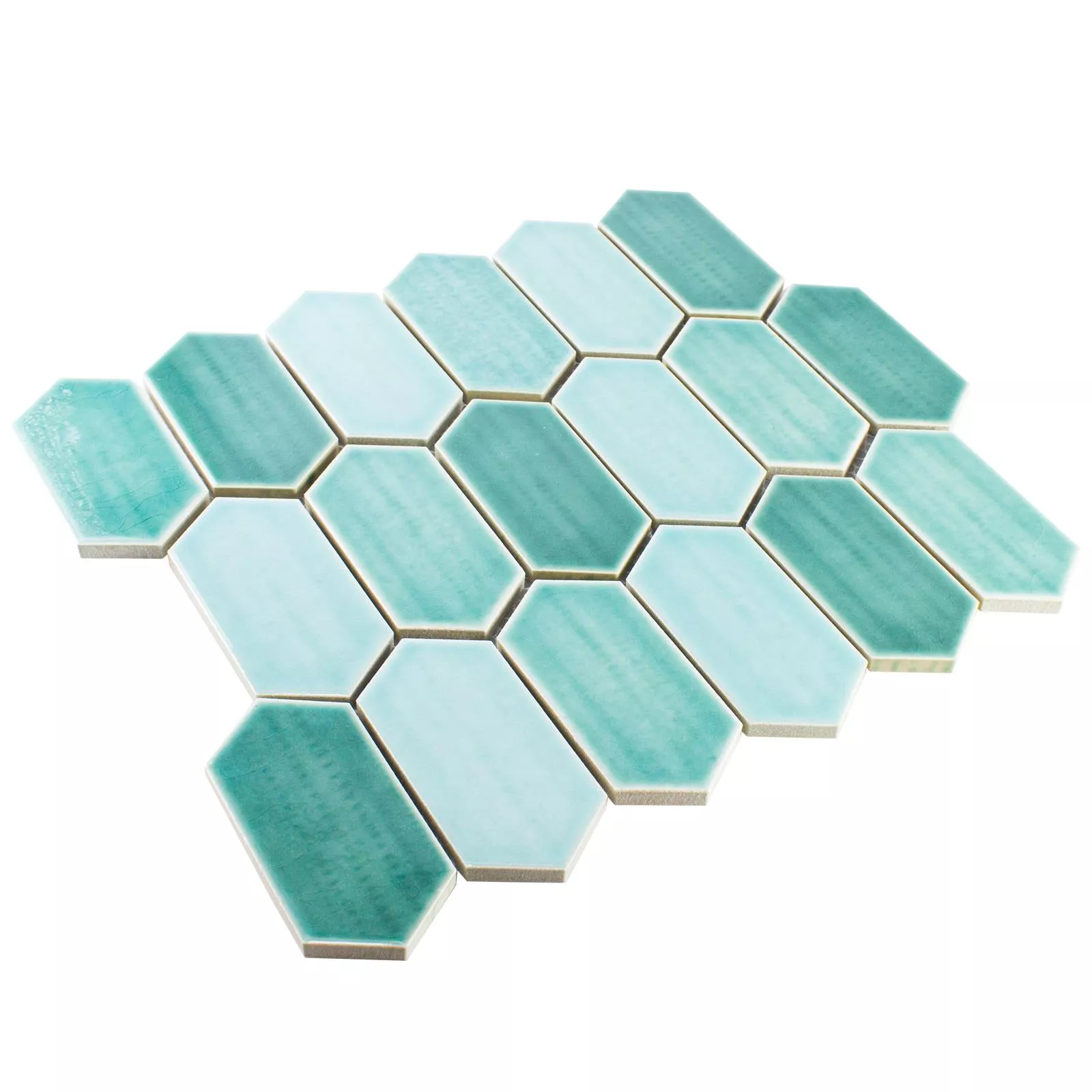 Sample Ceramic Mosaic Tiles McCook Hexagon Long Cyan Green