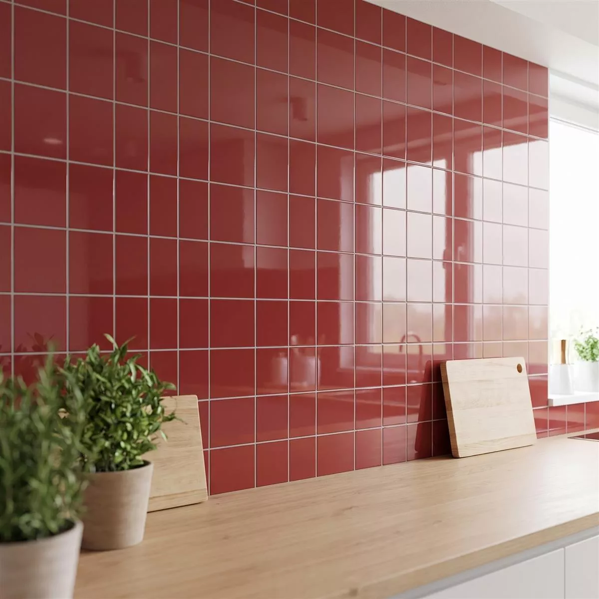Metro tile Red Glossy 10x10 cm Without Facet Freyburg Burdeos