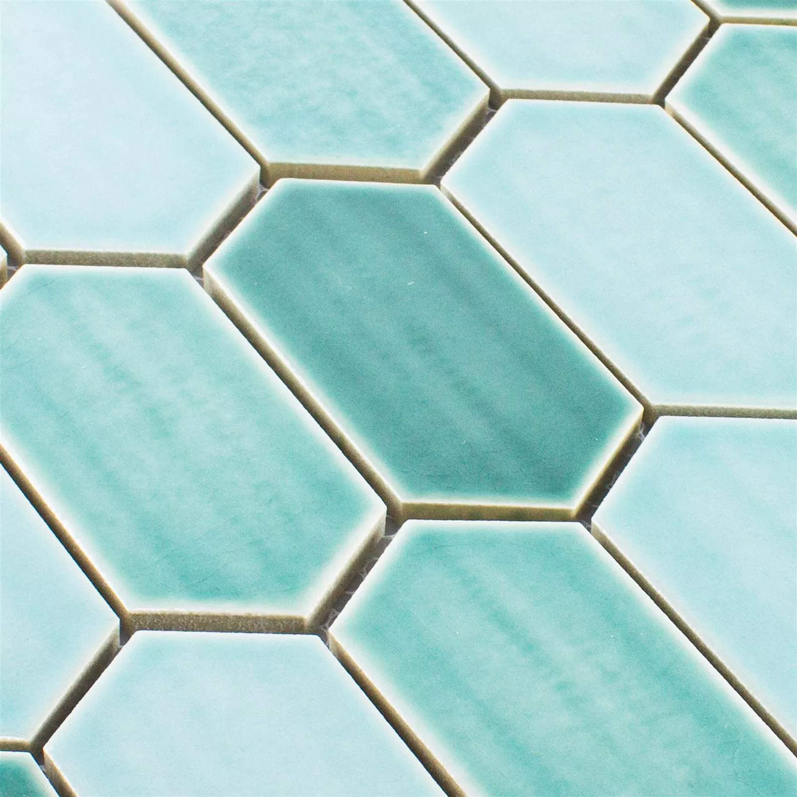 Sample Ceramic Mosaic Tiles McCook Hexagon Long Cyan Green