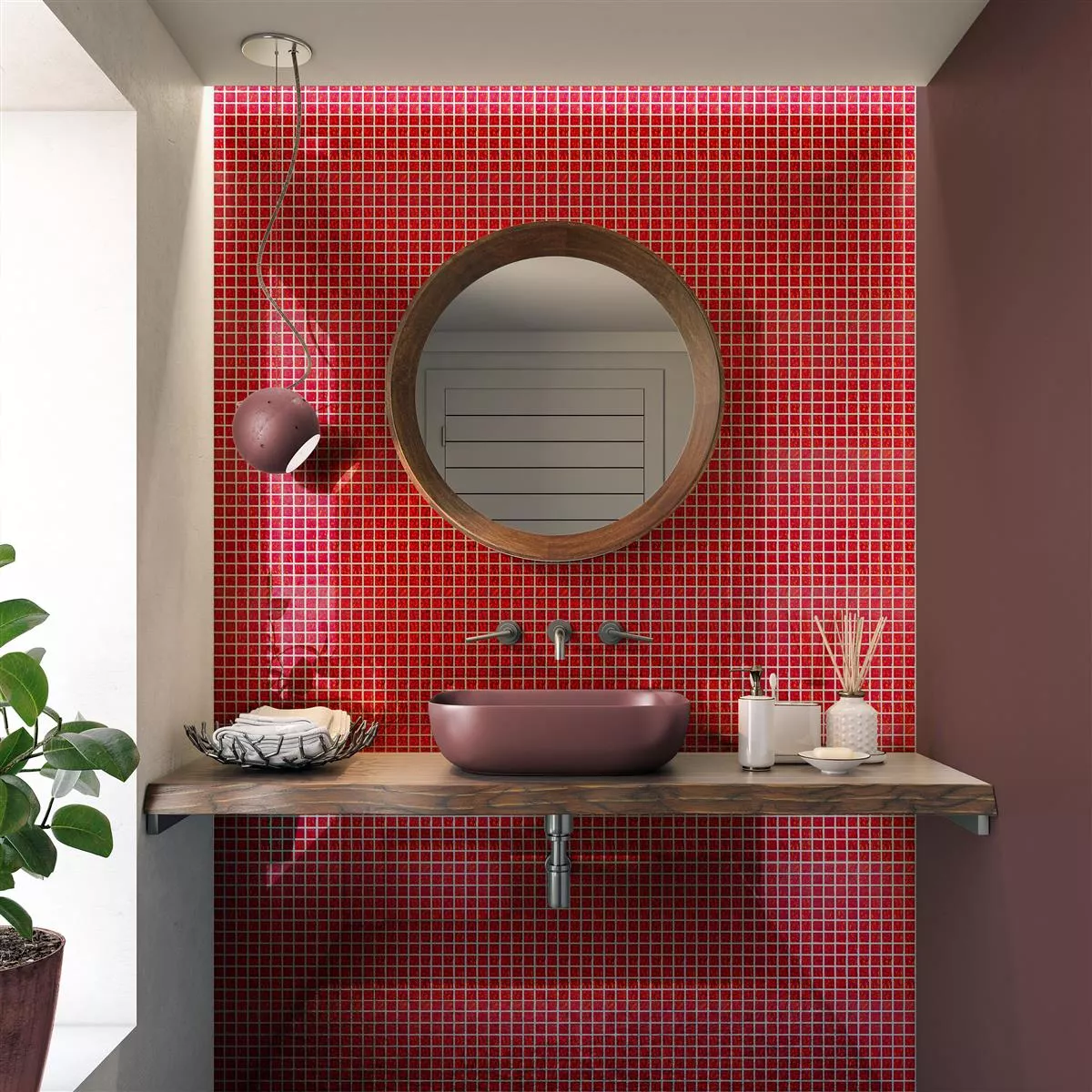 Sample Glass Mosaic Tiles Santa Cruz Structured Red