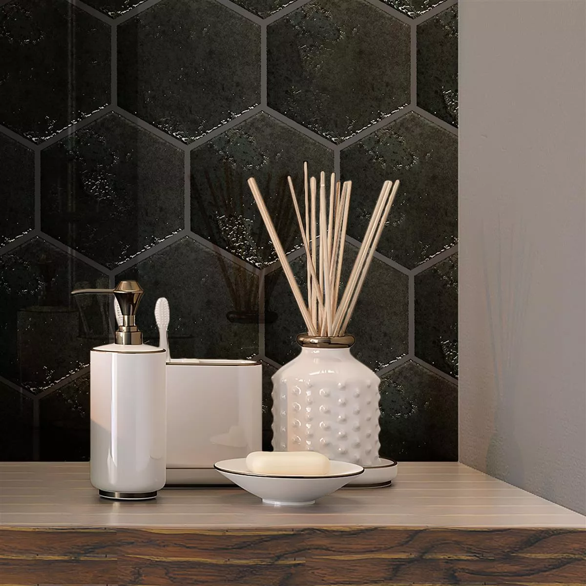 Wall Tiles Lara Glossy Waved 13x15cm Hexagon Black