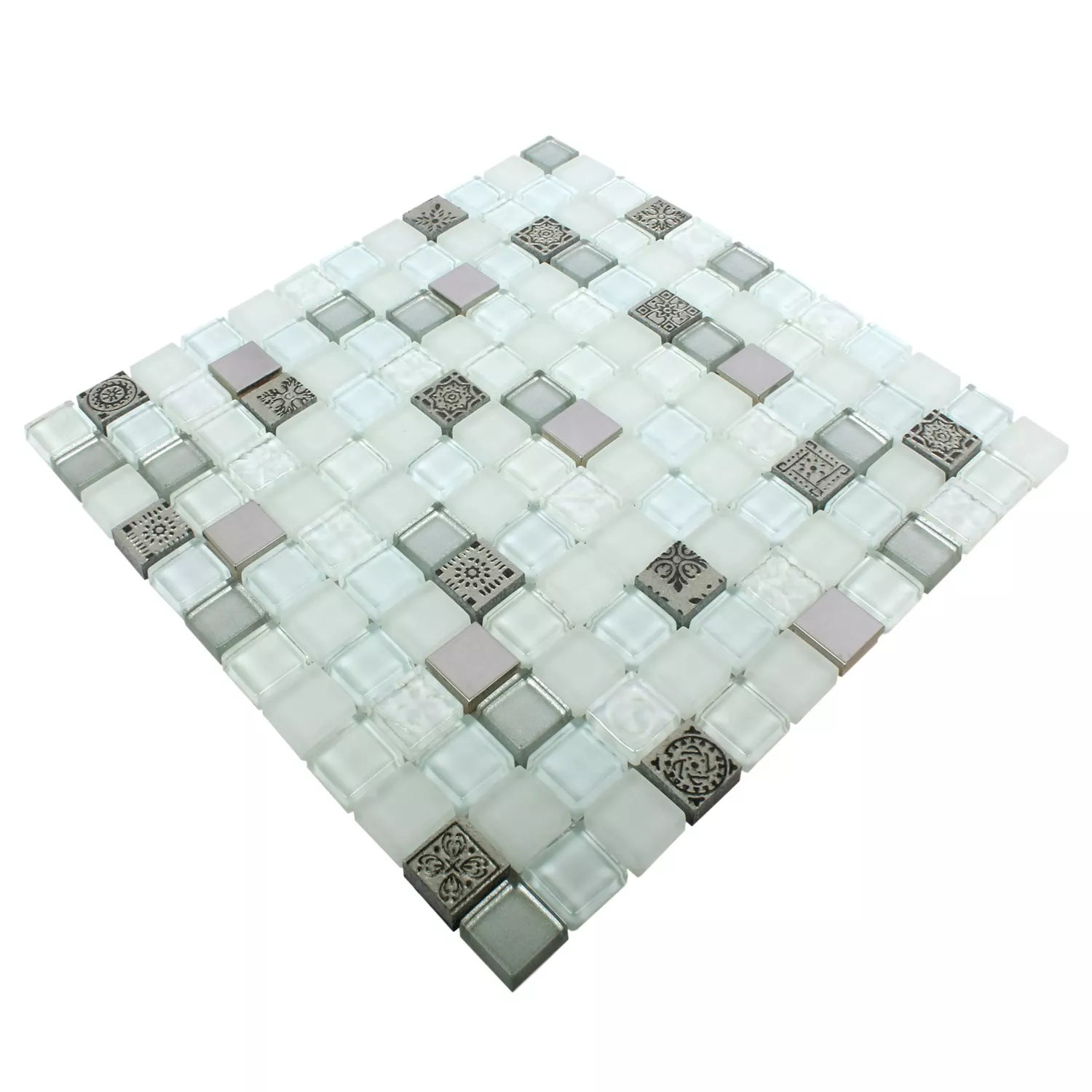 Sample Mosaic Tiles Glass Resin Stainless Steel Mix Gramos White