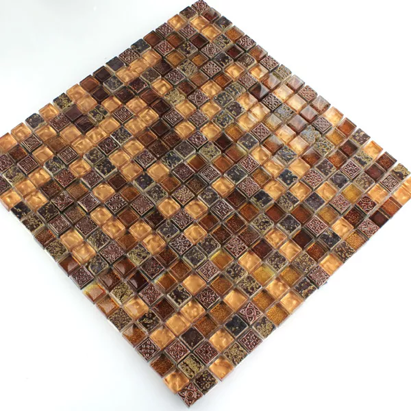 Mosaic Tiles Glass Marble Brown Gold Mix 15x15x8mm