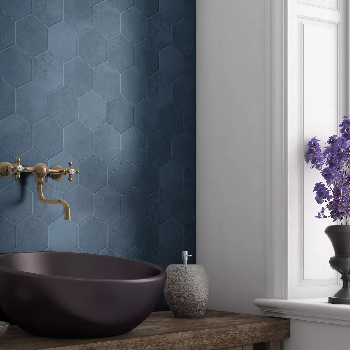 Porcelain Stoneware Swimming Pool Tiles Palencia Dark Blue Hexagon