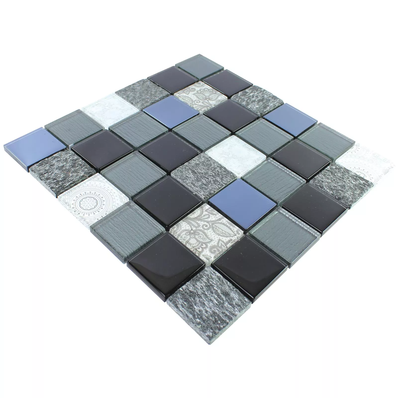 Sample Glass Natural Stone Mosaic Triopetra Black Grey White