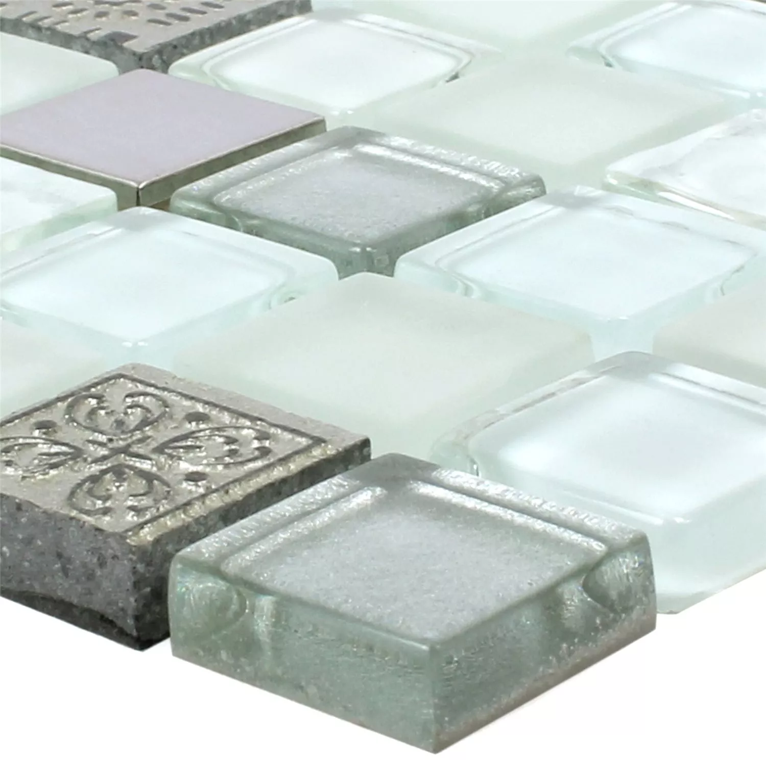 Sample Mosaic Tiles Glass Resin Stainless Steel Mix Gramos White