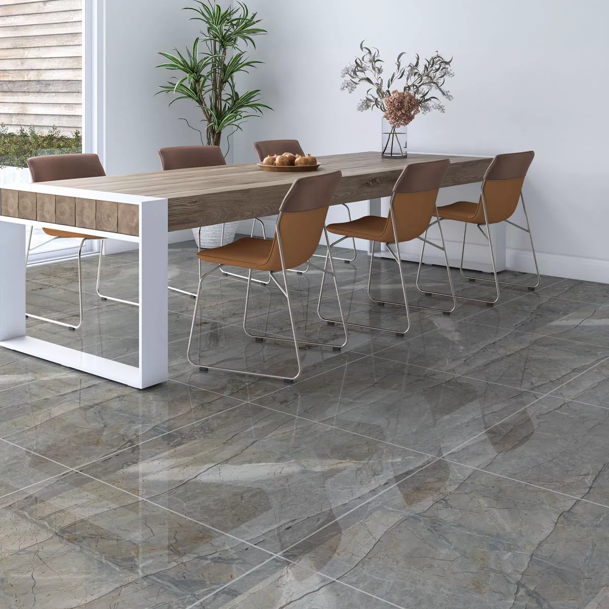 Floor Tiles Ancona Marble Optic Grey Polished Glossy 60x60cm