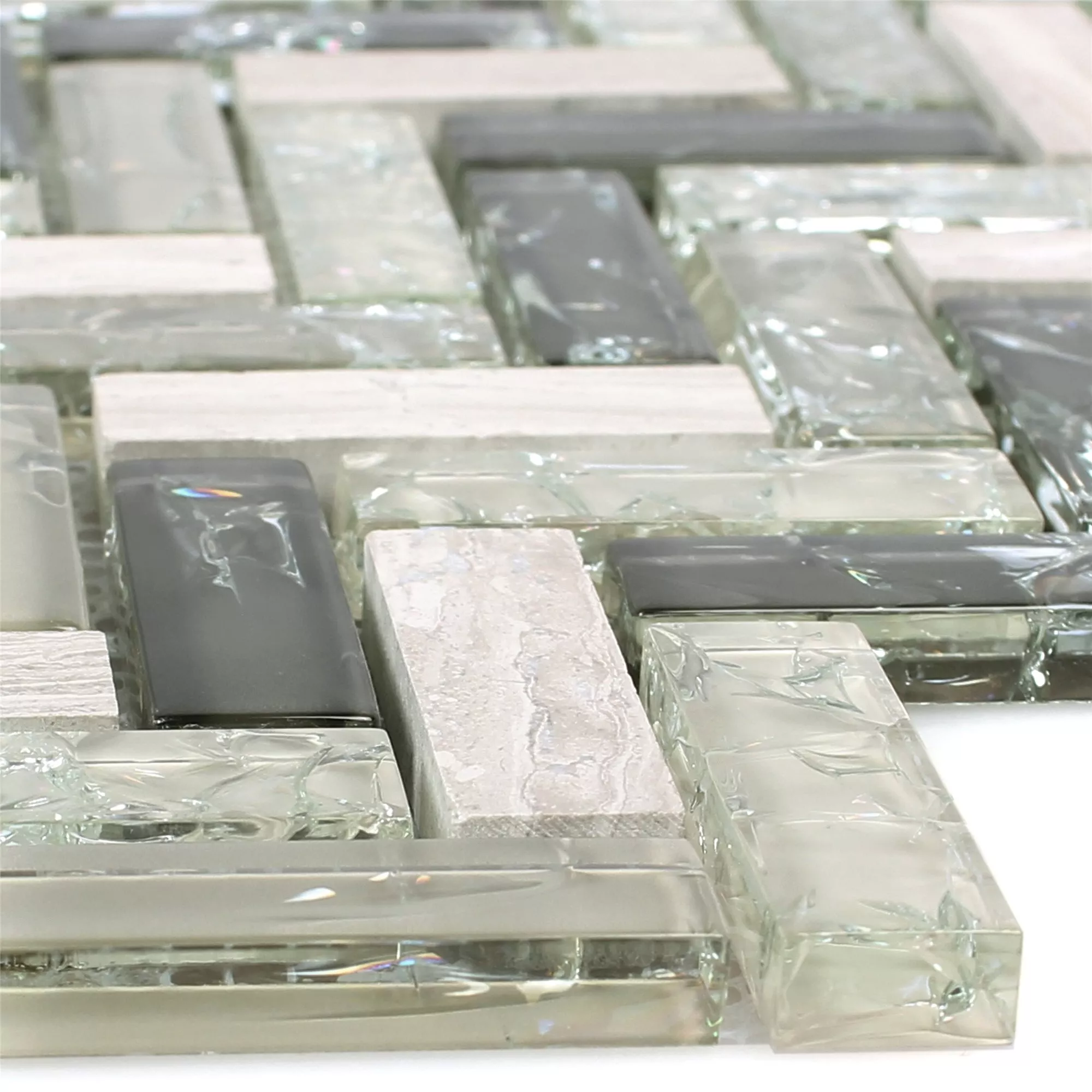 Sample Mosaic Tiles Glass Natural Stone Malawi Grey Green Fish Bone