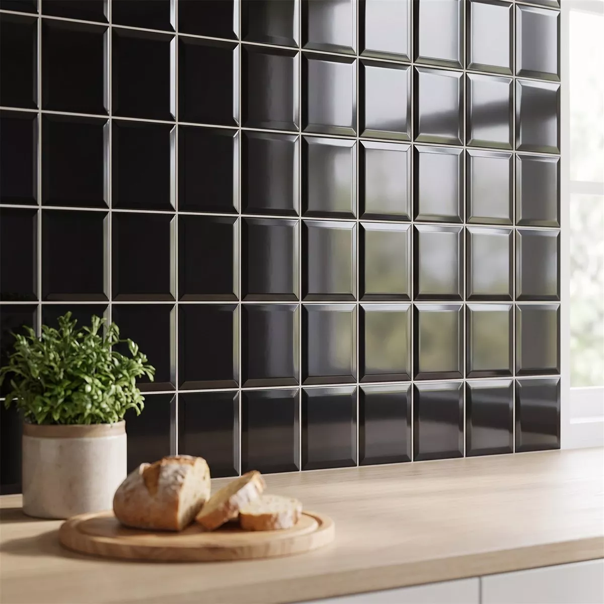 Metro tile Black Glossy 10x10 cm Facet Catarina Negro