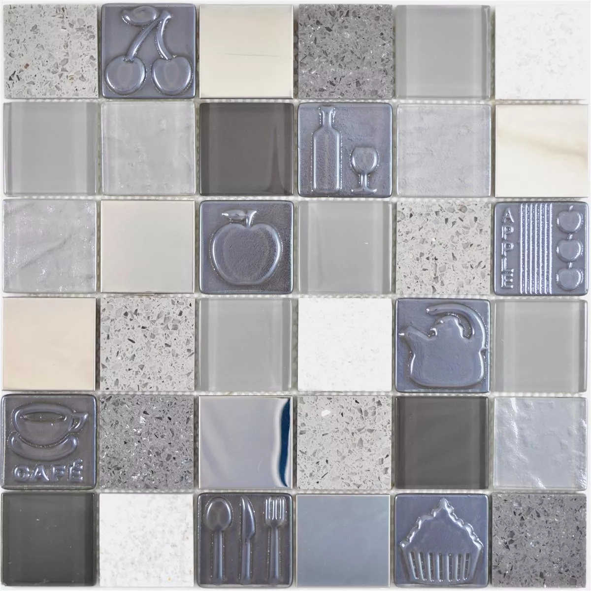 Glass Stainless Steel Natural Stone Mosaic Emporia Grey Silver