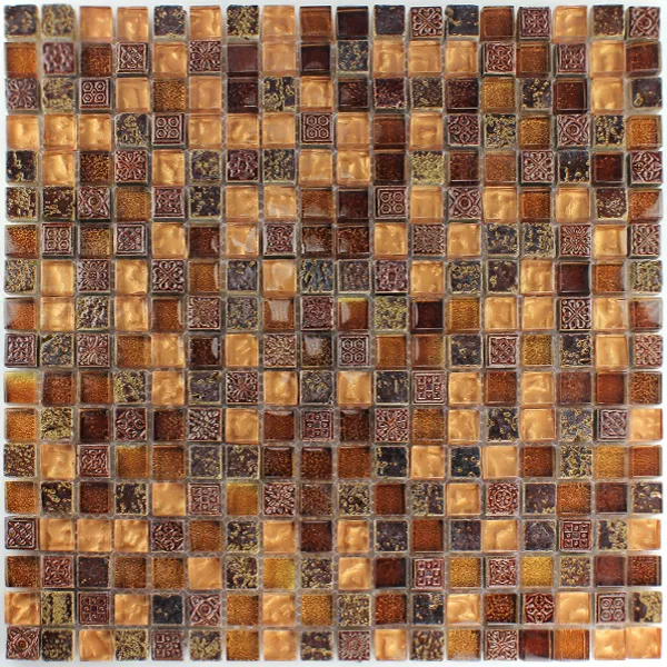 Mosaic Tiles Glass Marble Brown Gold Mix 15x15x8mm