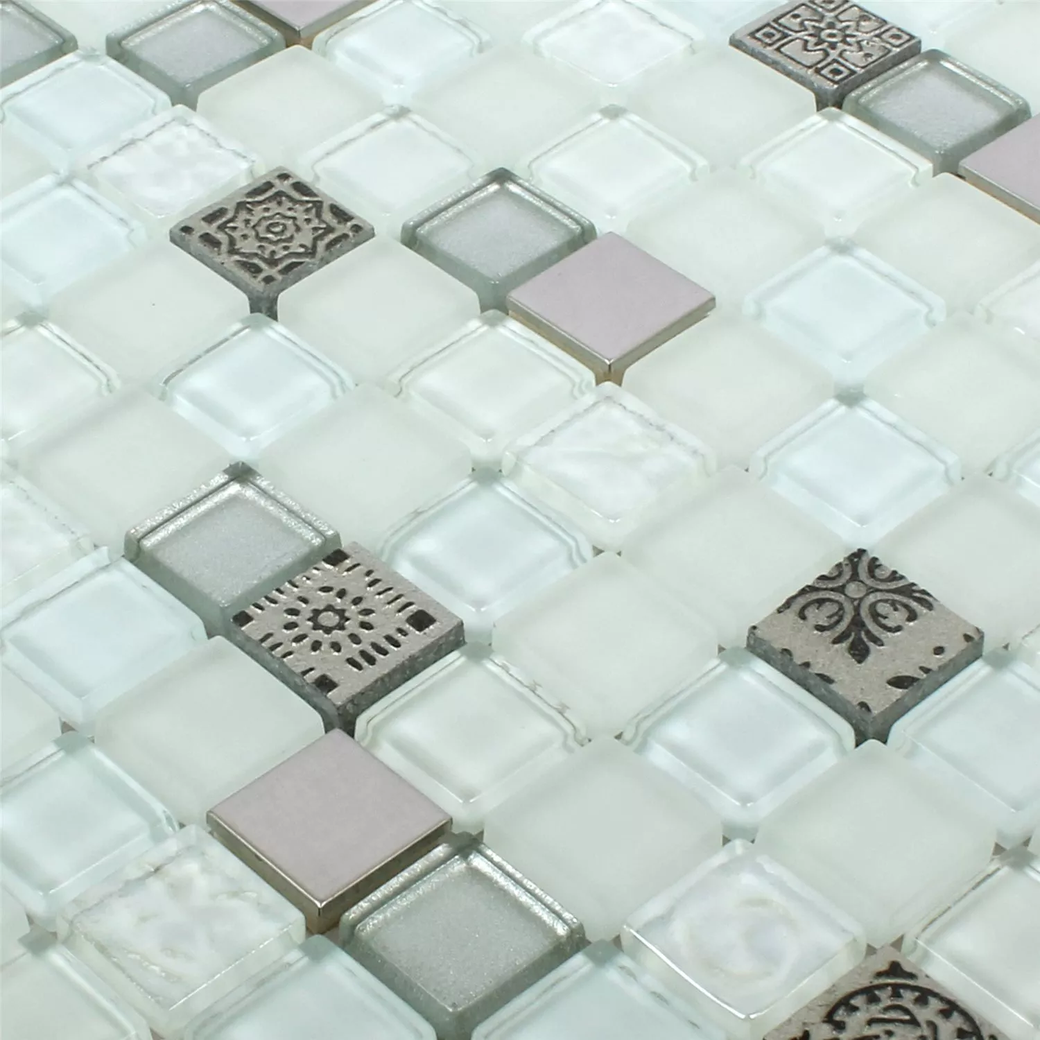 Sample Mosaic Tiles Glass Resin Stainless Steel Mix Gramos White