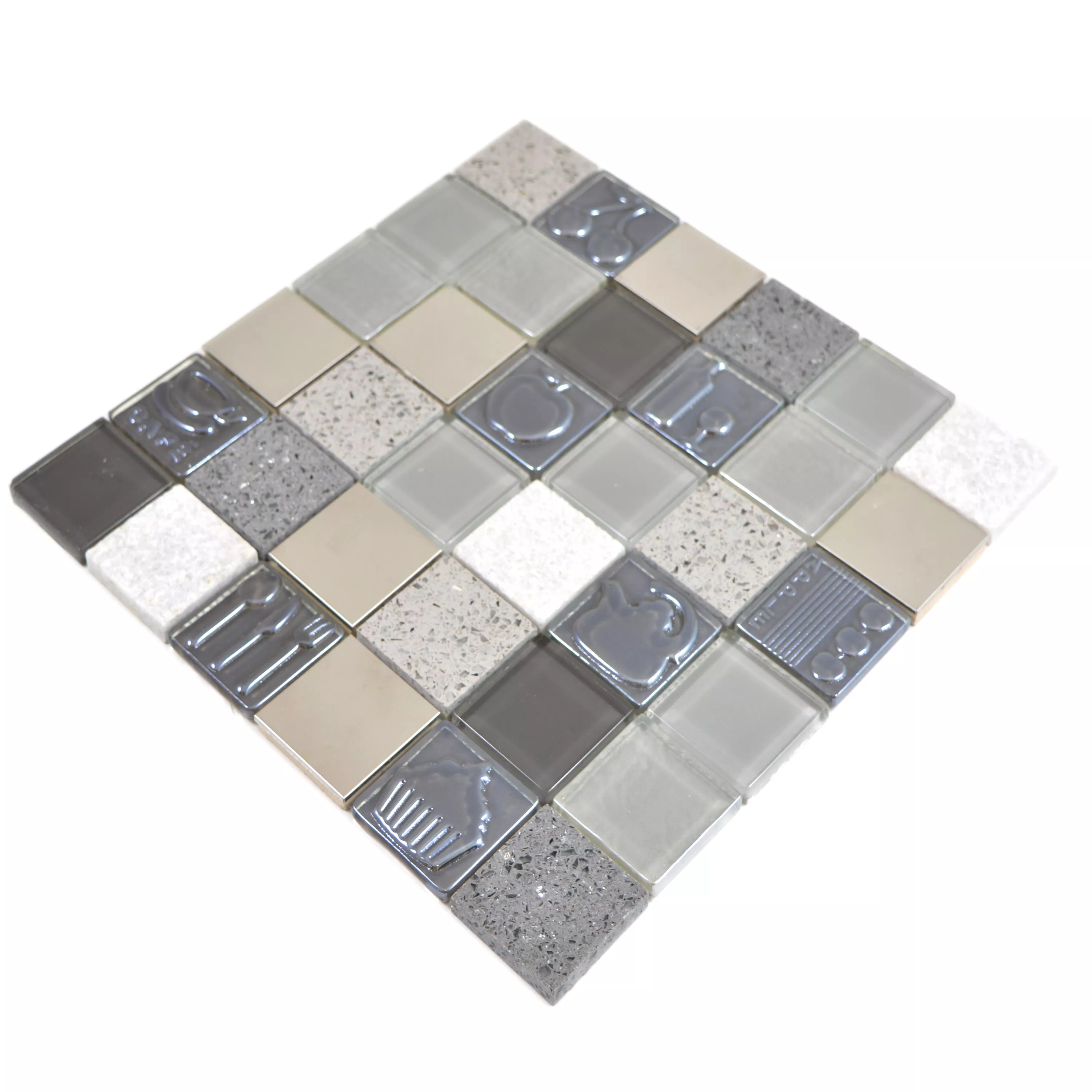 Glass Stainless Steel Natural Stone Mosaic Emporia Grey Silver