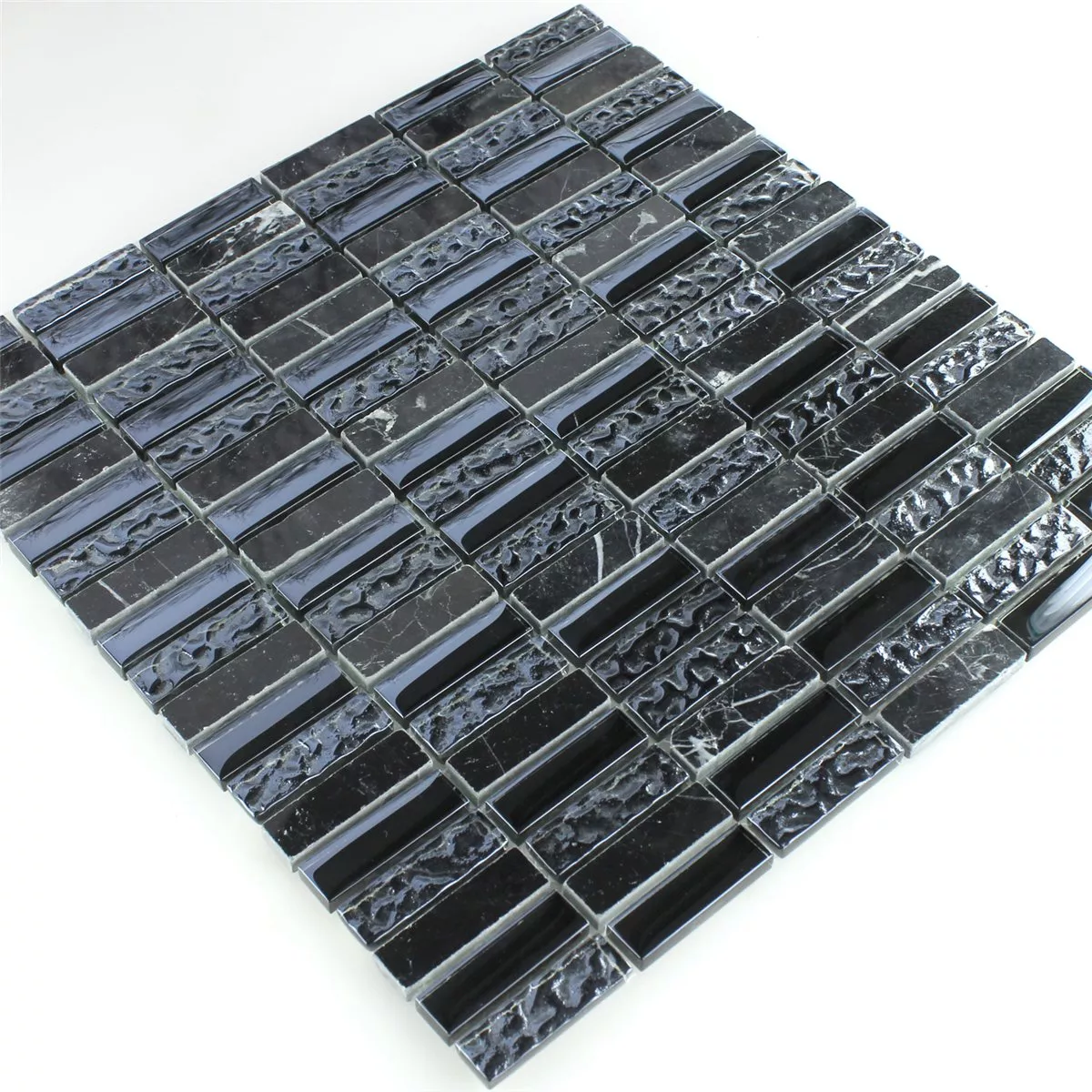 Mosaic Tiles Glass Marble Black Fluted 15x50x8mm