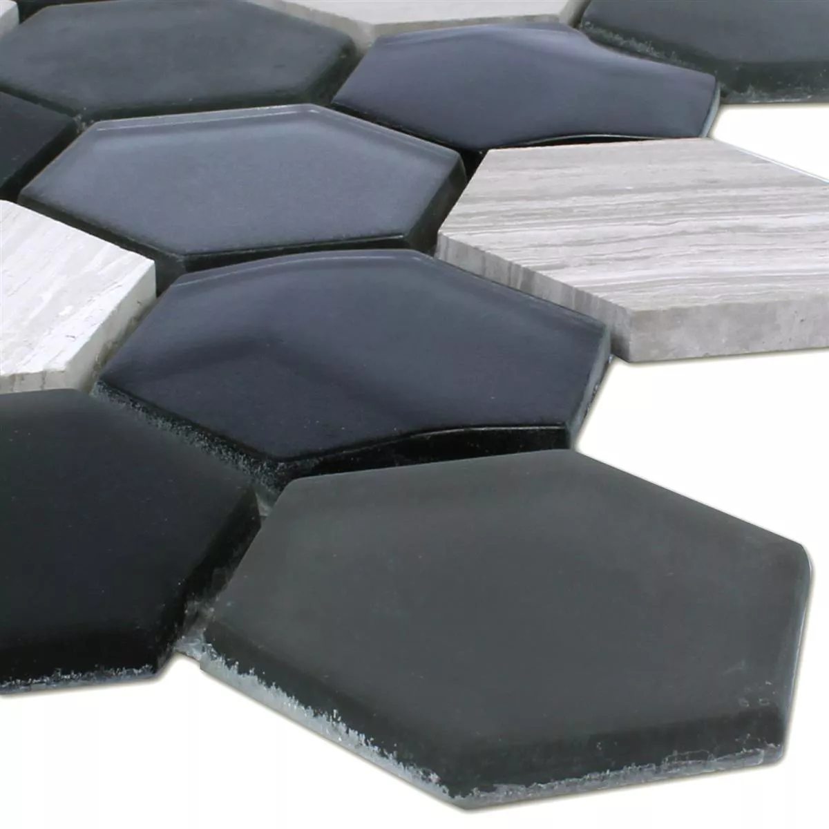 Sample Mosaic Tiles Hexagon Glass Natural Stone Black Grey 3D